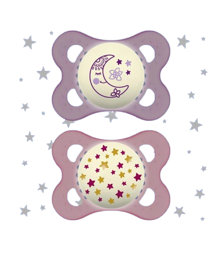 Lot de 2 sucettes bébé rose, motifs lune et étoiles, base en forme d’écusson.