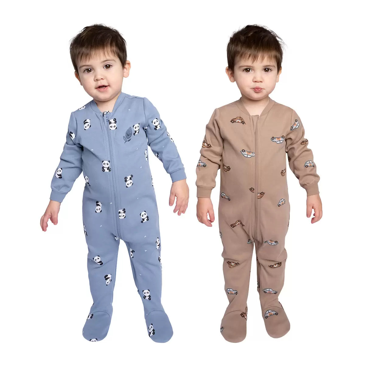 Combinaisons bébé zippées motif pandas, une bleu clair et une beige, manches longues