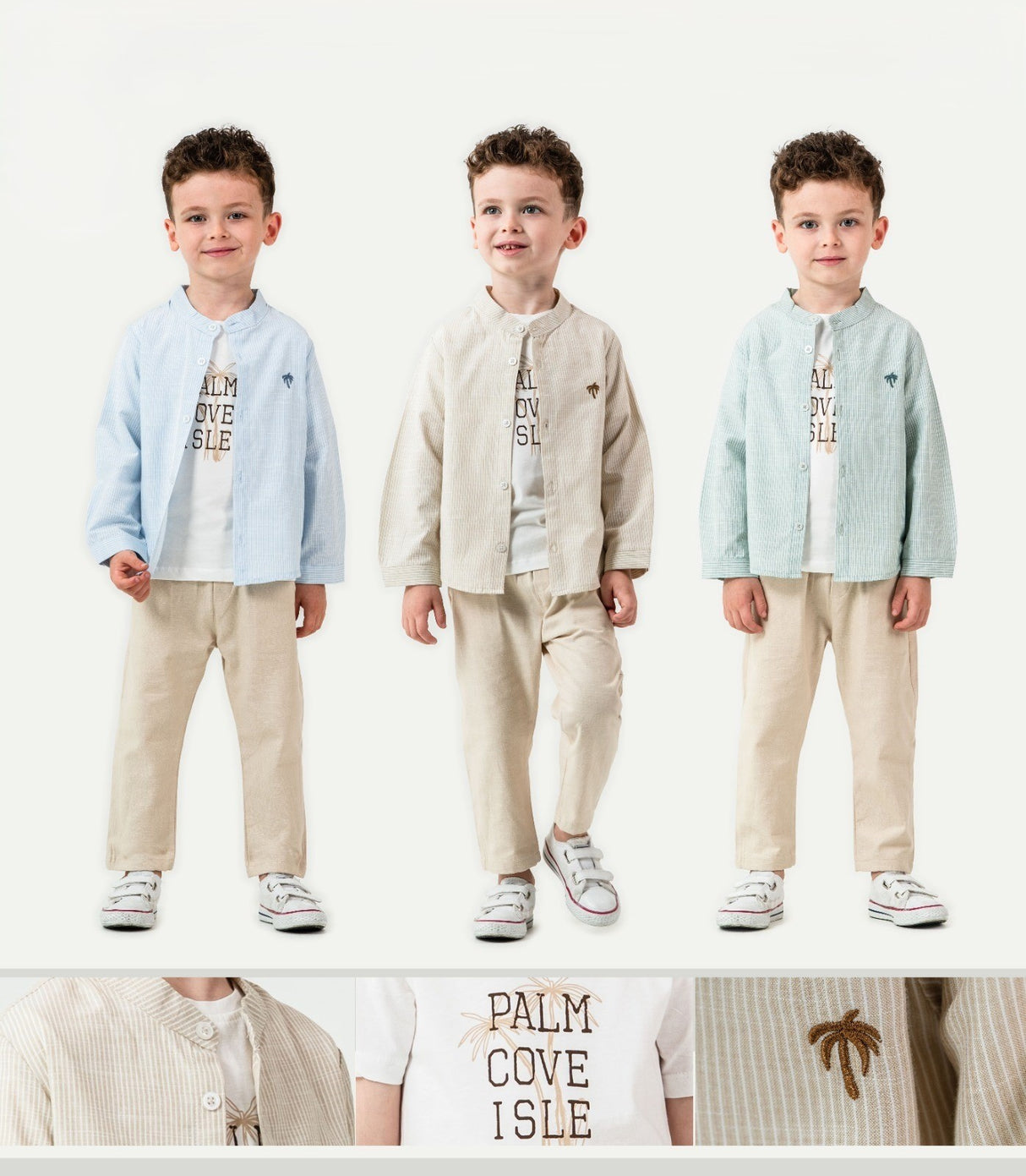 Veste boutonnée enfant en tissu texturé, trois coloris bleu, beige et vert clair