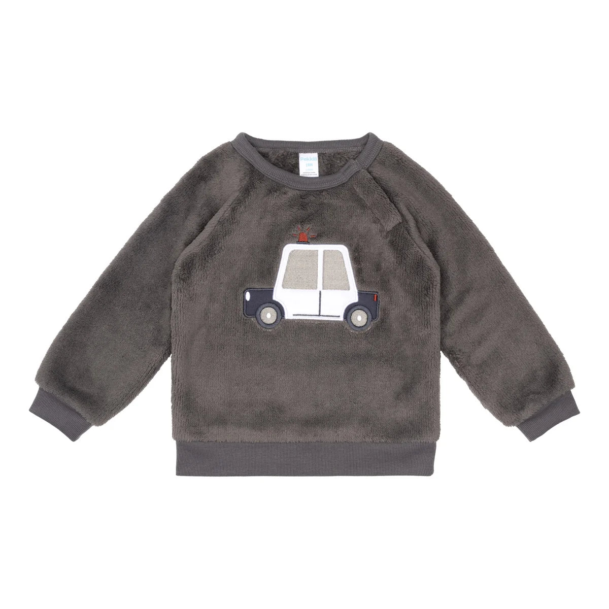 Pull bébé gris en molleton avec appliqué voiture