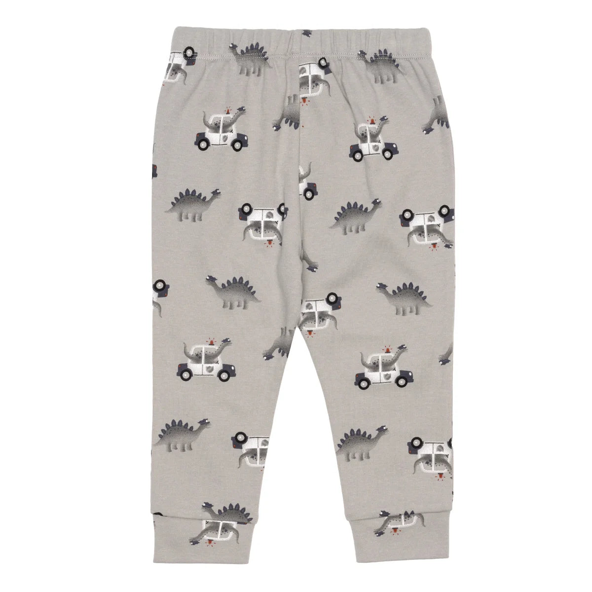 Pantalon bébé gris clair à motifs de dinosaures et petites voitures