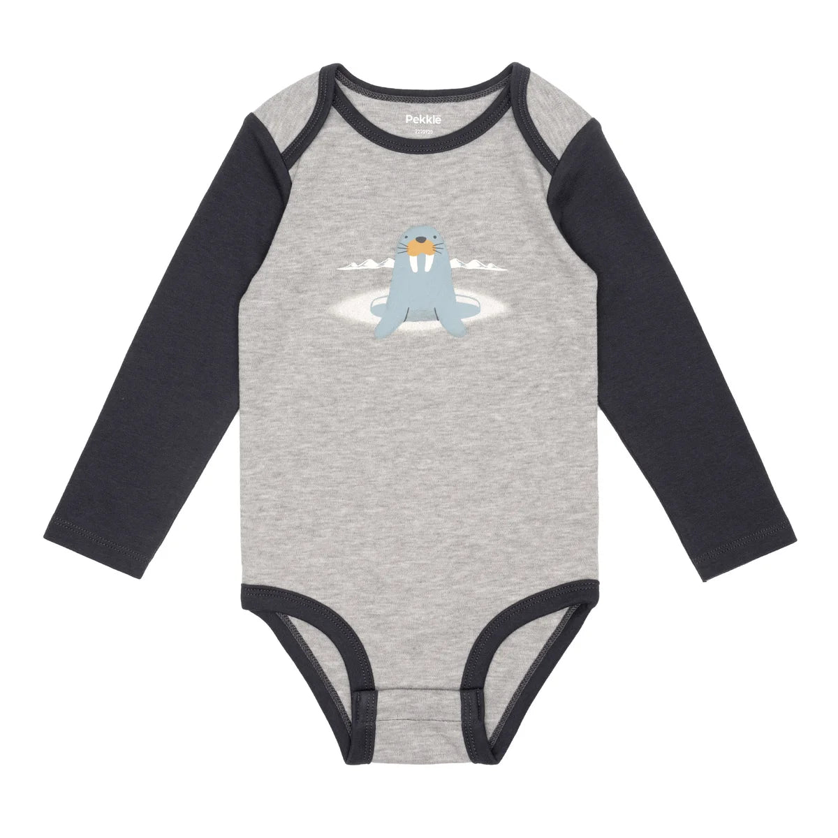 Body bébé manches longues gris chiné et noires, motif morse sur le devant