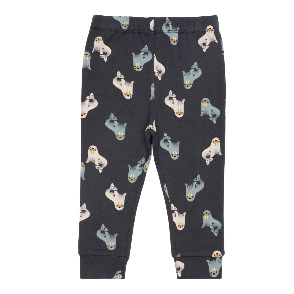 Pantalon bébé bleu nuit à motifs de morse, taille élastique et chevilles côtelées