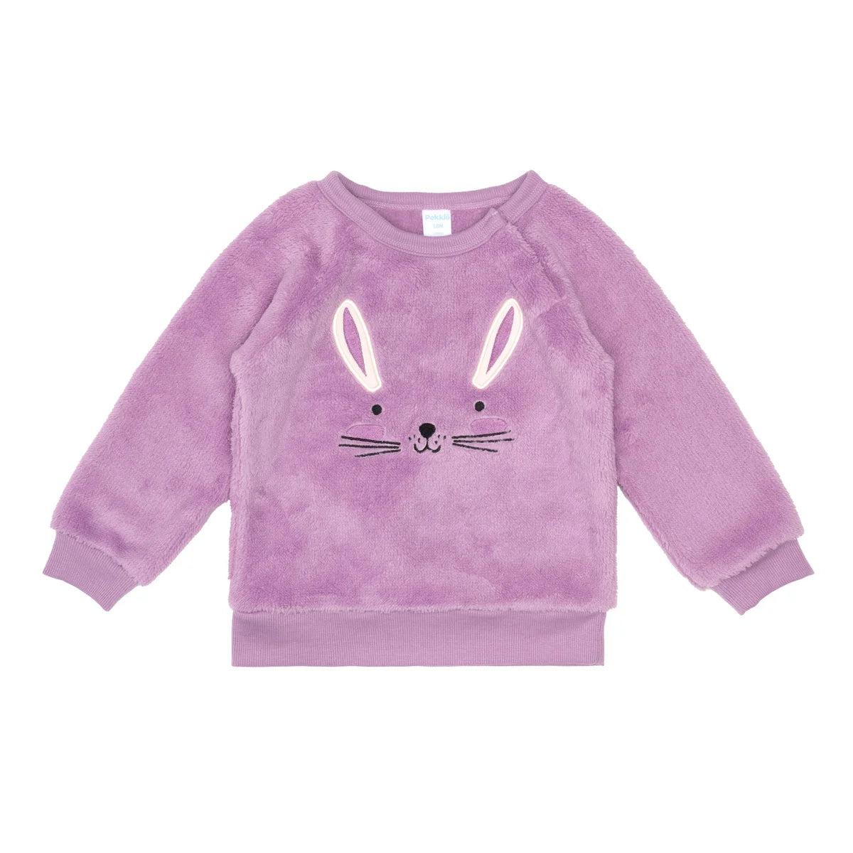 Pull bébé lilas en peluche lapin avec yeux, museau et moustaches brodés.