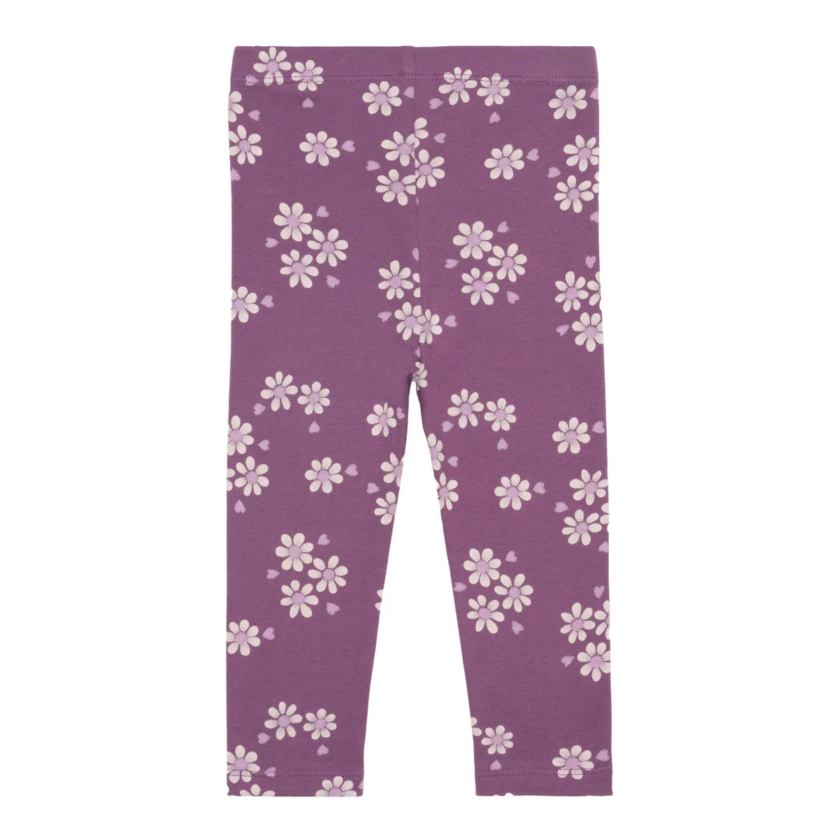 Pantalon bébé violet foncé à motifs de fleurs blanches.