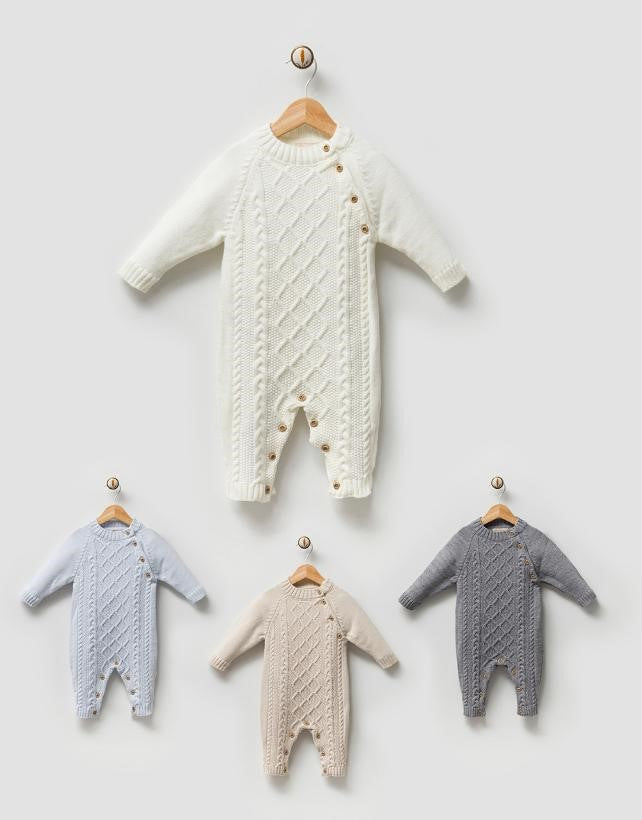 Combinaisons bébé en tricot, blanc, bleu clair, beige et gris, à col rond