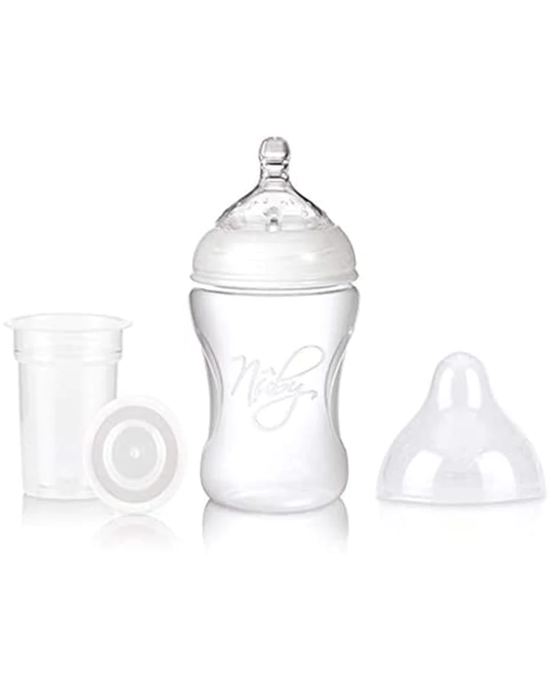 Biberon col large blanc en PP avec tétine anti-colique et doseur de lait en poudre 240ml + 3mois - Nûby