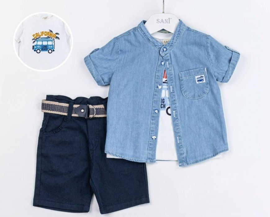 Ensemble garçon en jean bleu et short sombre avec ceinture