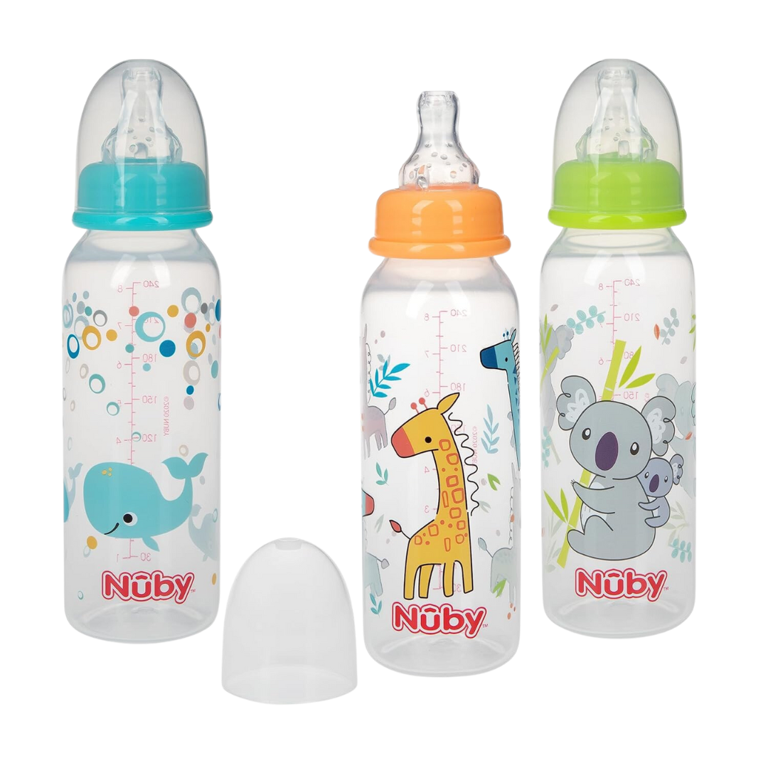 Biberon classique imprimé col standard en PP avec tétine anti- colique 240ml +0 mois - Nûby