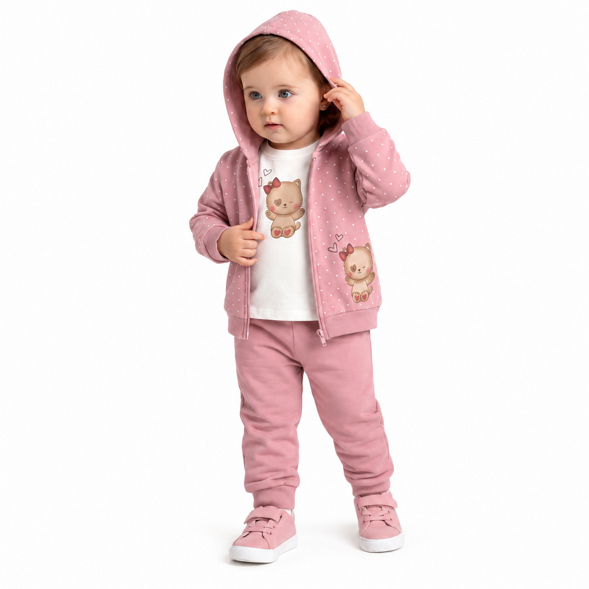 Ensemble bébé rose à capuche, fermeture éclair, motifs oursons