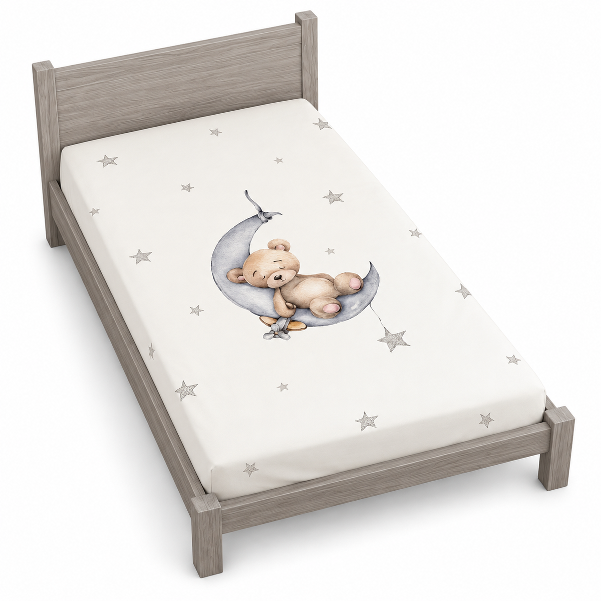 Drap housse de couette blanc avec étoiles et ourson sur la lune, motifs gris.