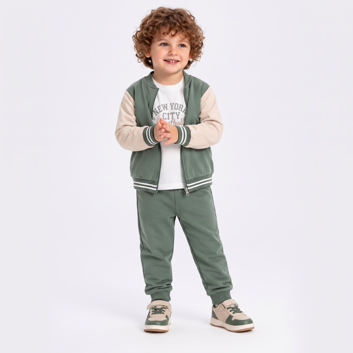 Ensemble jogging enfant : veste vert sauge zippée et pantalon assorti