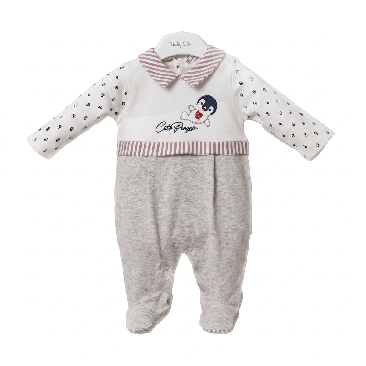 Combinaison bébé à manches longues, gris clair, col rayé rouge et imprimé pingouin