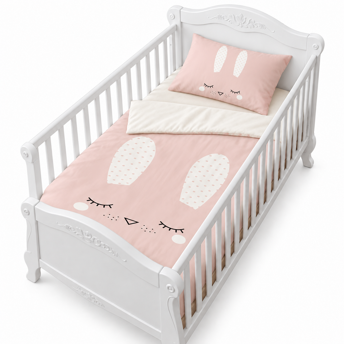 Housse de couette rose pâle avec motif lapin et formes blanches
