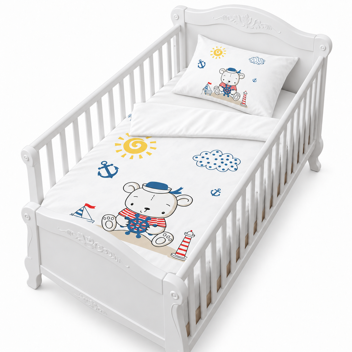 Housse de couette blanche avec motif ourson et nuages bleus, taille 100 x 150 cm