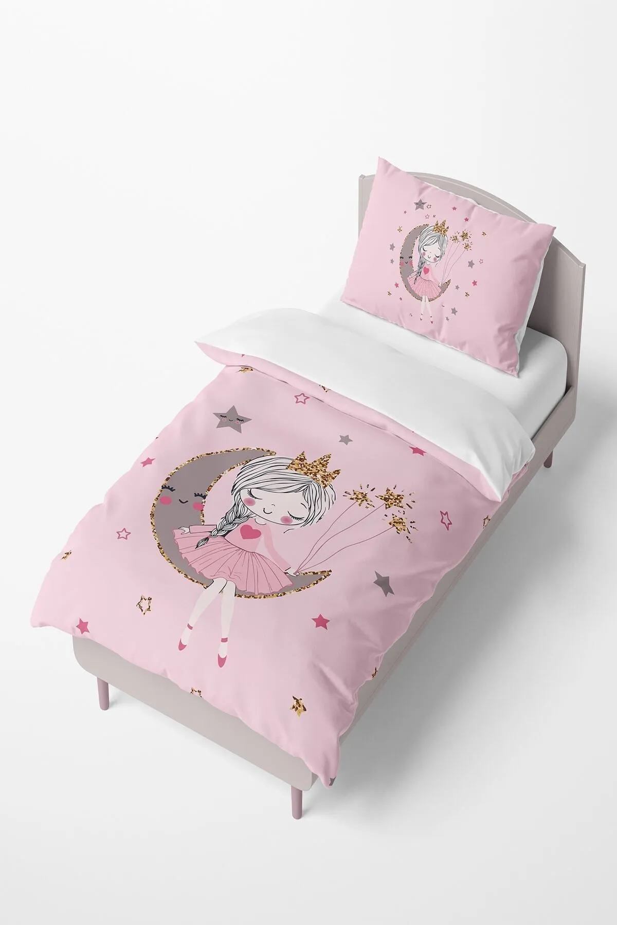 Housse de couette rose avec princesse illustrée, lune et étoiles, motifs sur le tissu