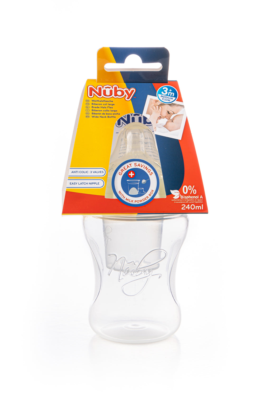 Biberon col large blanc en PP avec tétine anti-colique et doseur de lait en poudre 240ml + 3mois - Nûby