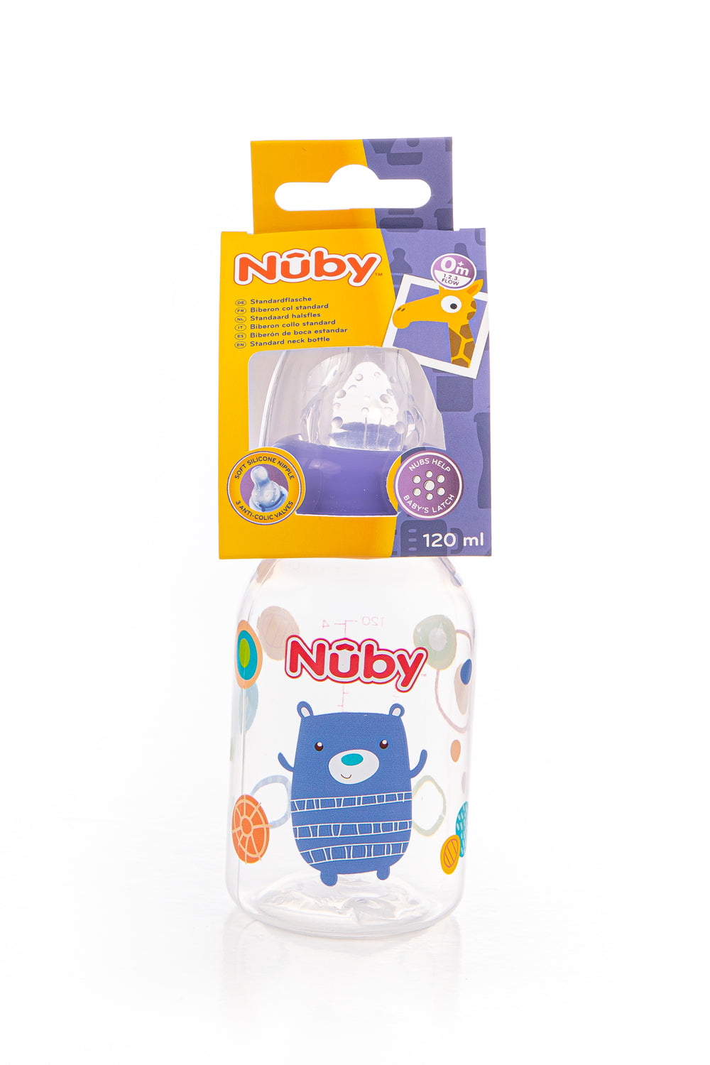 Biberon classique imprimé col standard en PP avec tétine anti- colique 120ml +0 mois - Nûby