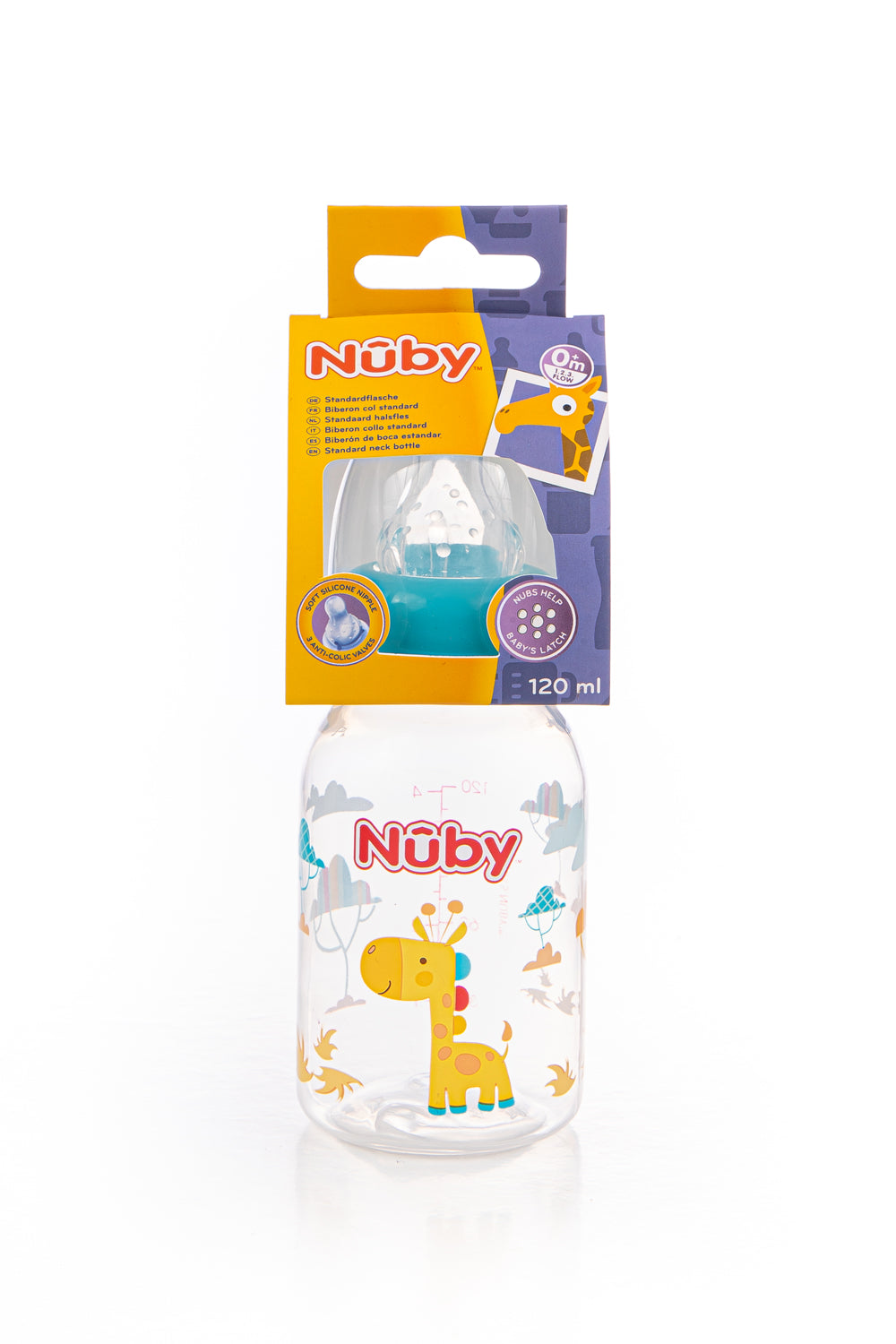 Biberon classique imprimé col standard en PP avec tétine anti- colique 120ml +0 mois - Nûby