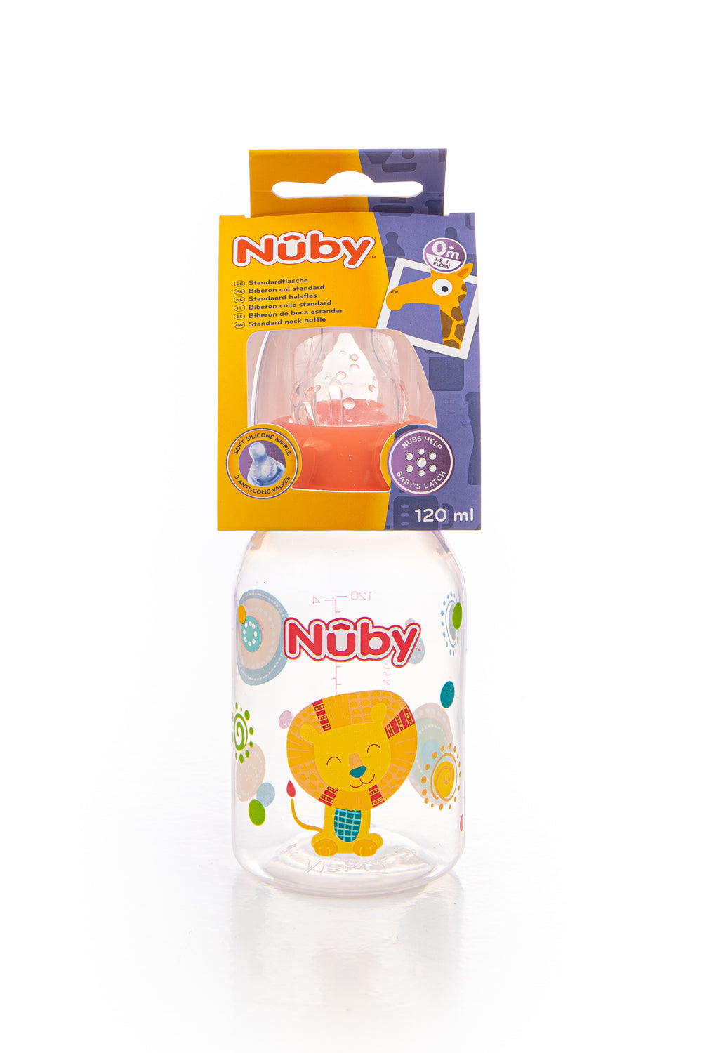 Biberon classique imprimé col standard en PP avec tétine anti- colique 120ml +0 mois - Nûby