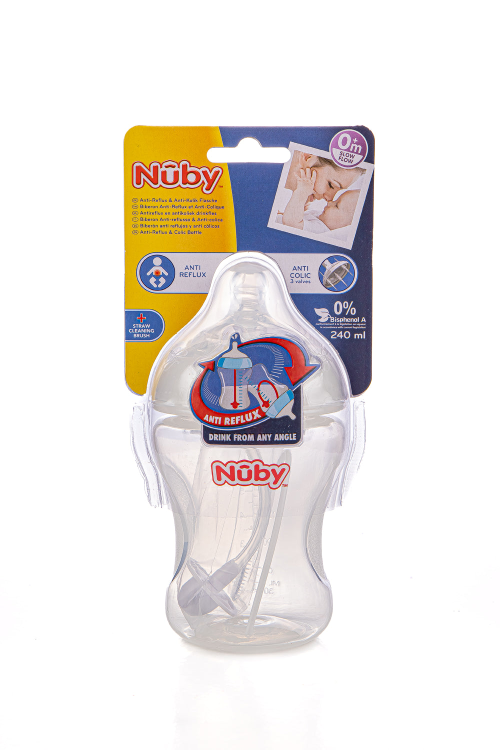Biberon Anti-Reflux et Anti-Colique col large avec hoquet a paille 360° 240ml +0 mois - Nûby