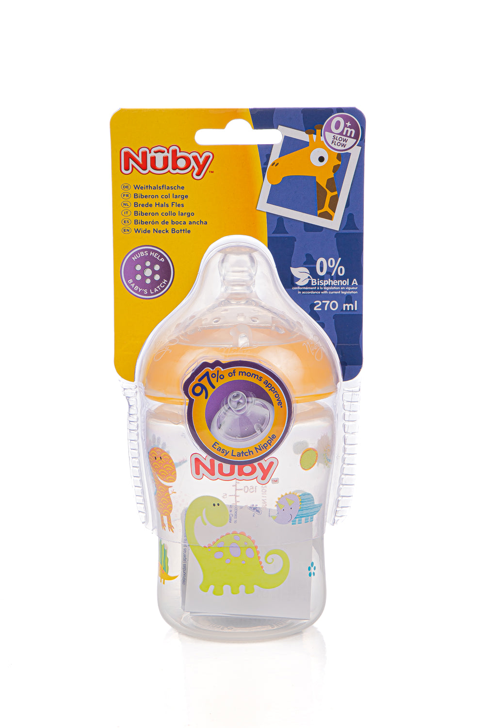 Biberon col large imprimé en PP avec tétine anti-colique 270ml +0mois - Nûby