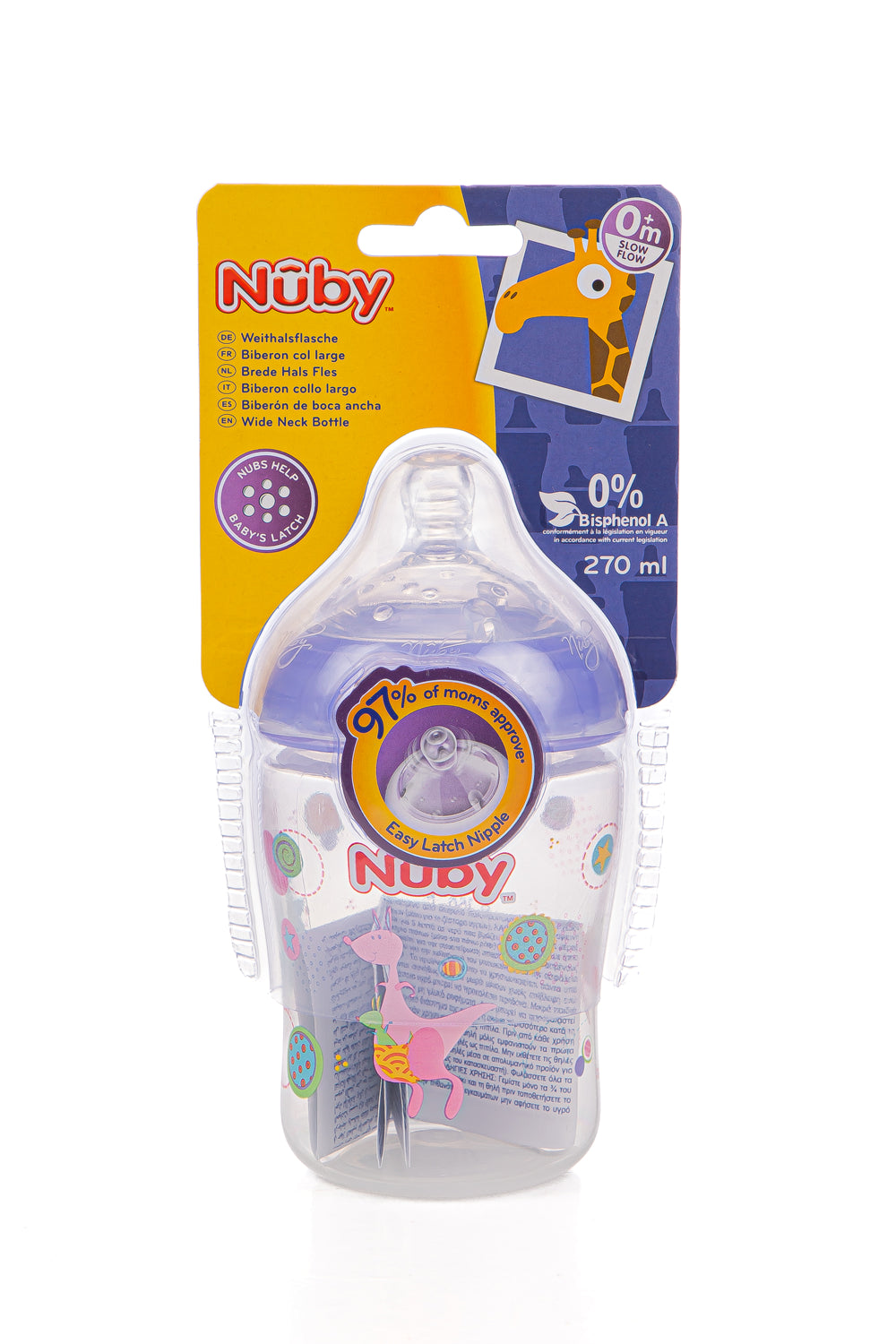 Biberon col large imprimé en PP avec tétine anti-colique 270ml +0mois - Nûby