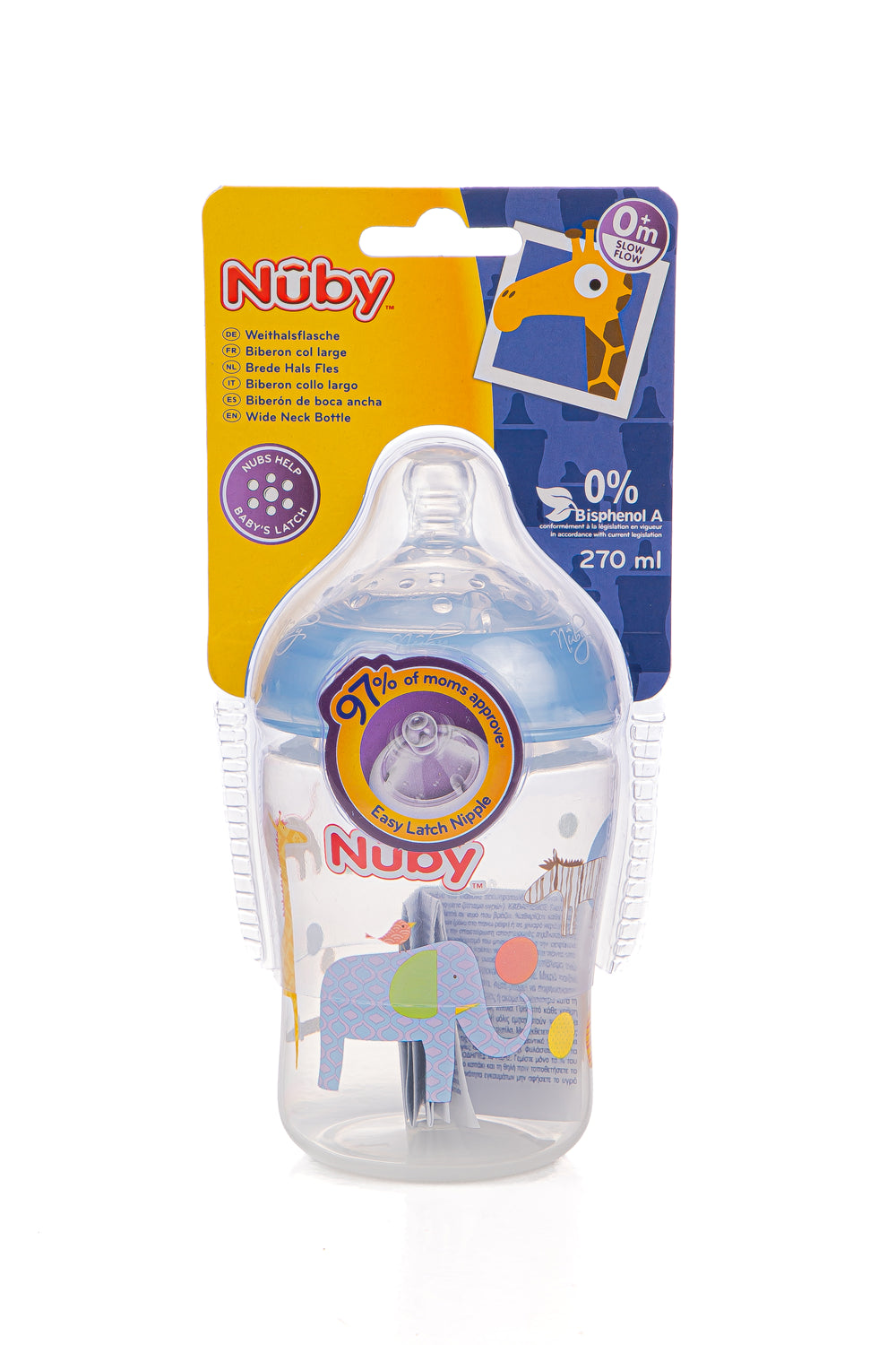 Biberon col large imprimé en PP avec tétine anti-colique 270ml +0mois - Nûby