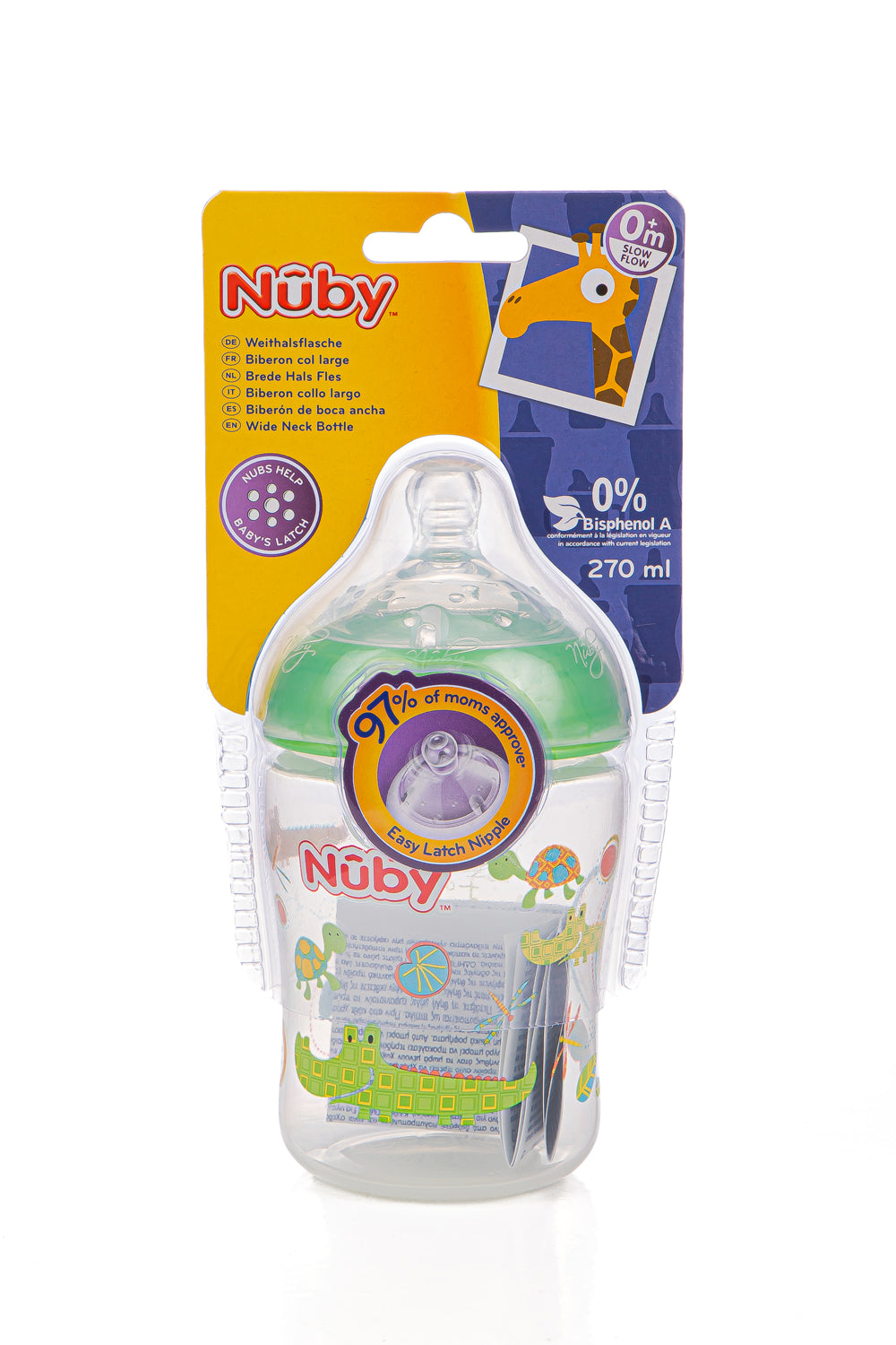 Biberon col large imprimé en PP avec tétine anti-colique 270ml +0mois - Nûby
