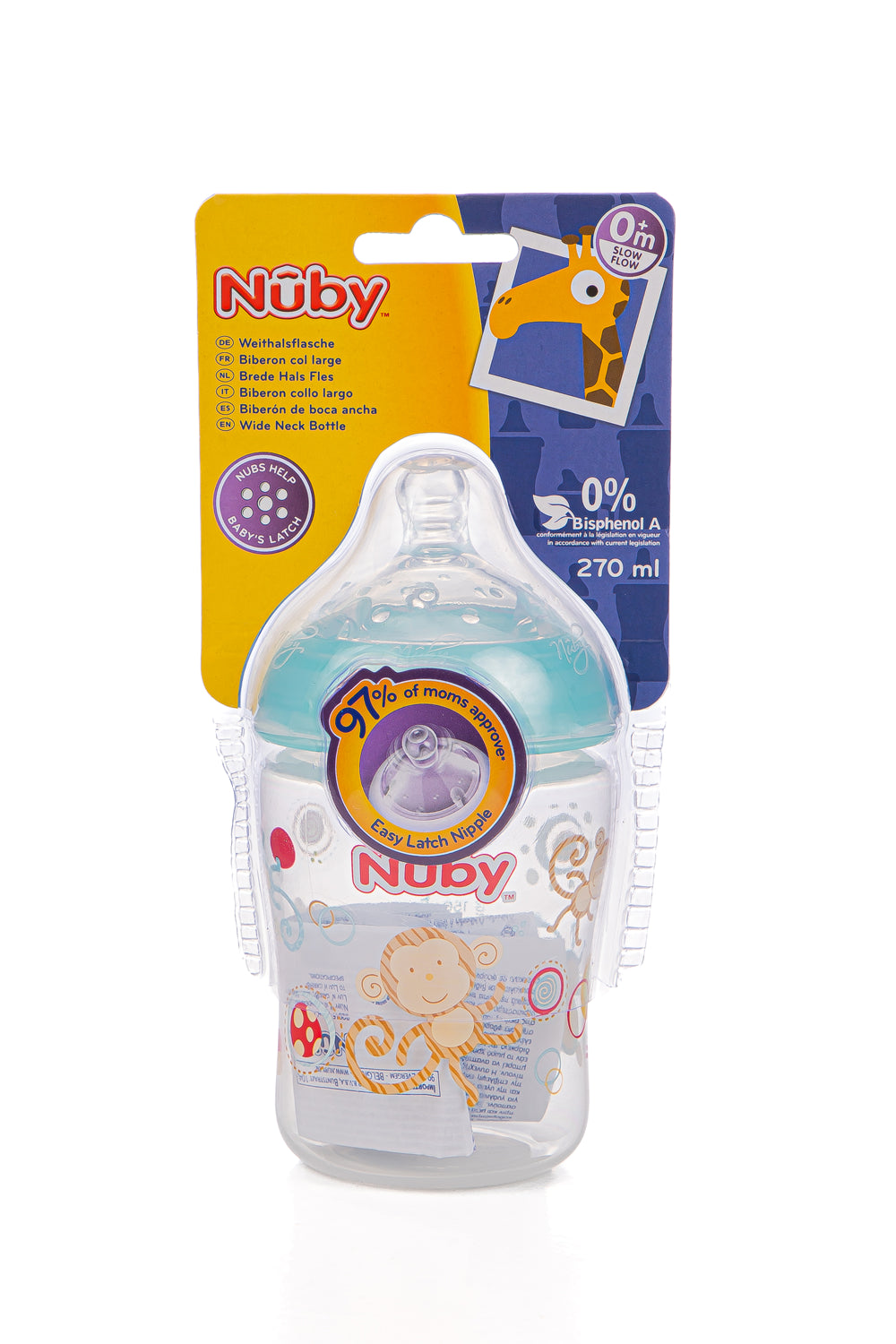 Biberon col large imprimé en PP avec tétine anti-colique 270ml +0mois - Nûby