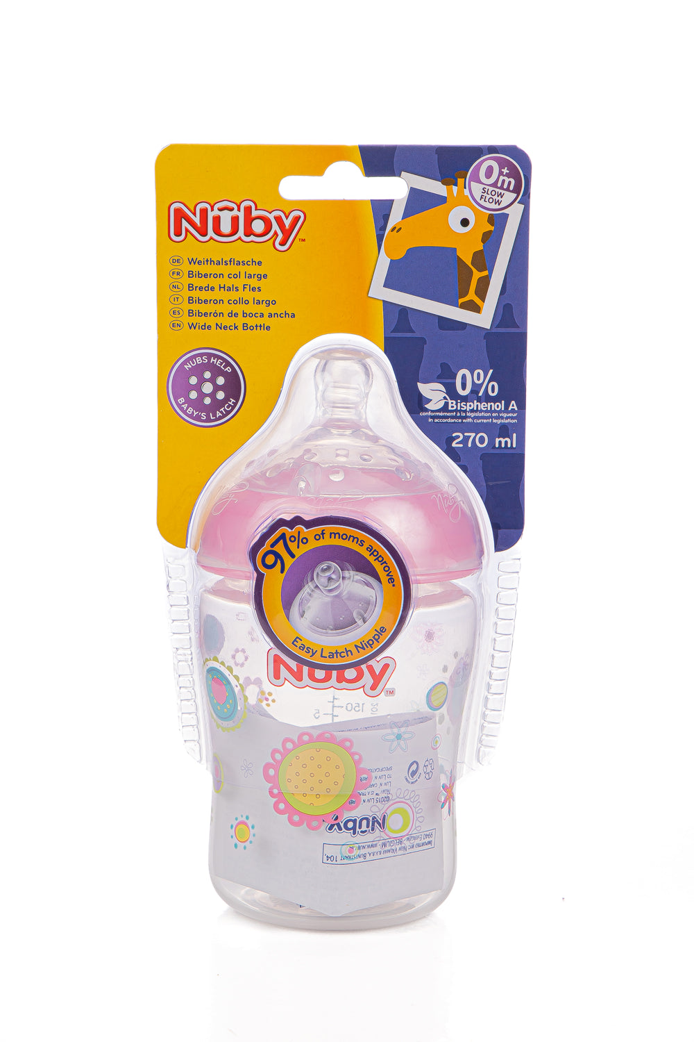 Biberon col large imprimé en PP avec tétine anti-colique 270ml +0mois - Nûby