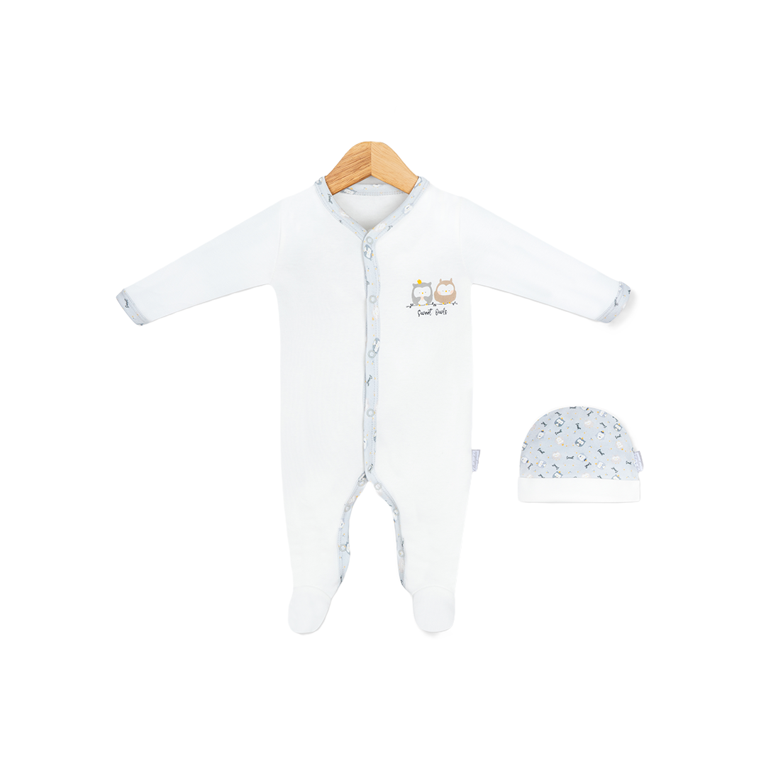 Combinaison bébé Kion blanche à longues manches, boutons et motif hiboux + bonnet