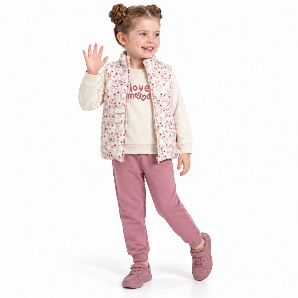 Ensemble enfant : veste zippée fleurs, sweat crème imprimé, pantalon mauve