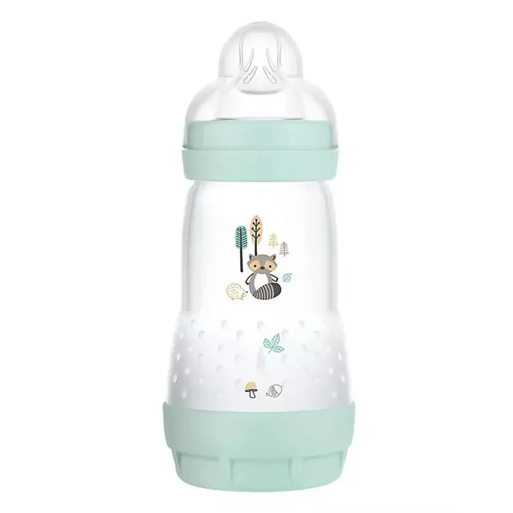 Biberon anti-colique MAM Easy Start vert d’eau, tétine transparente et décor d’animaux