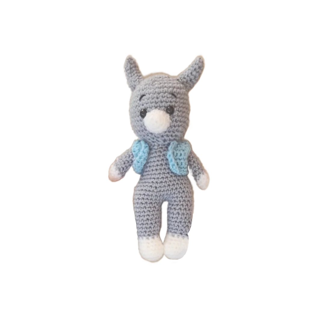 Poupee Lapin Avec Oreille Diable : Blanc Casse + Gilet Bleu