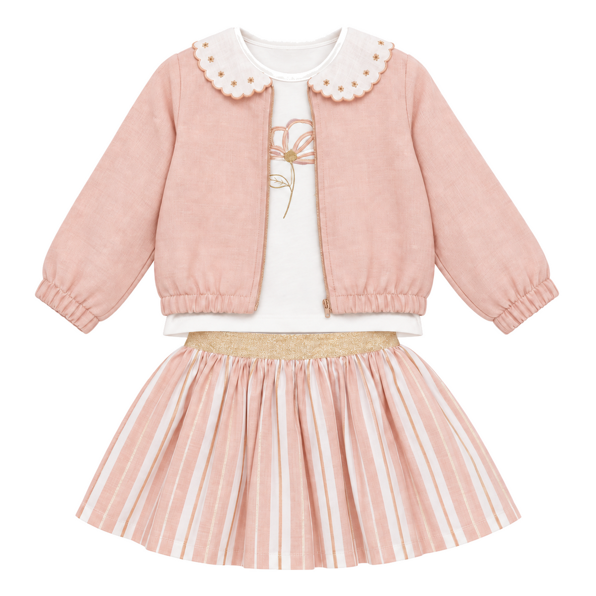 Ensemble bébé Siera : veste rose poudré et robe à rayures blanches et beiges