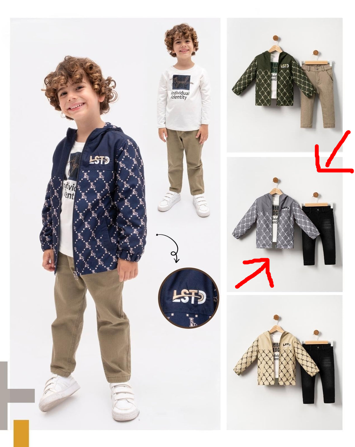 Ensemble enfant : veste à capuche bleu foncé à motifs clairs et pantalon beige
