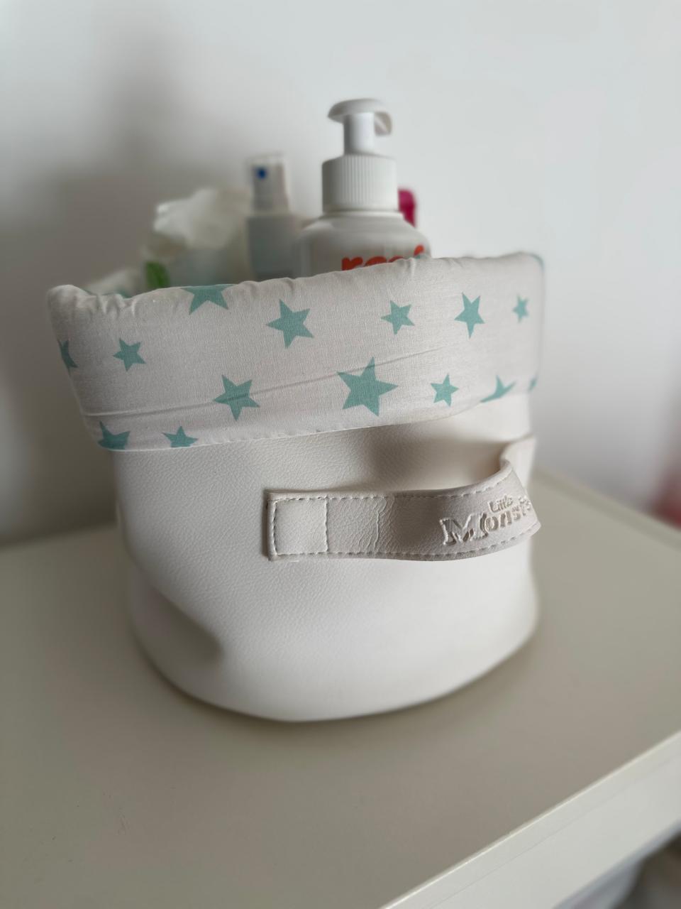 Panier Miami rond blanc avec bande de tissu étoiles vertes et patch rectangulaire