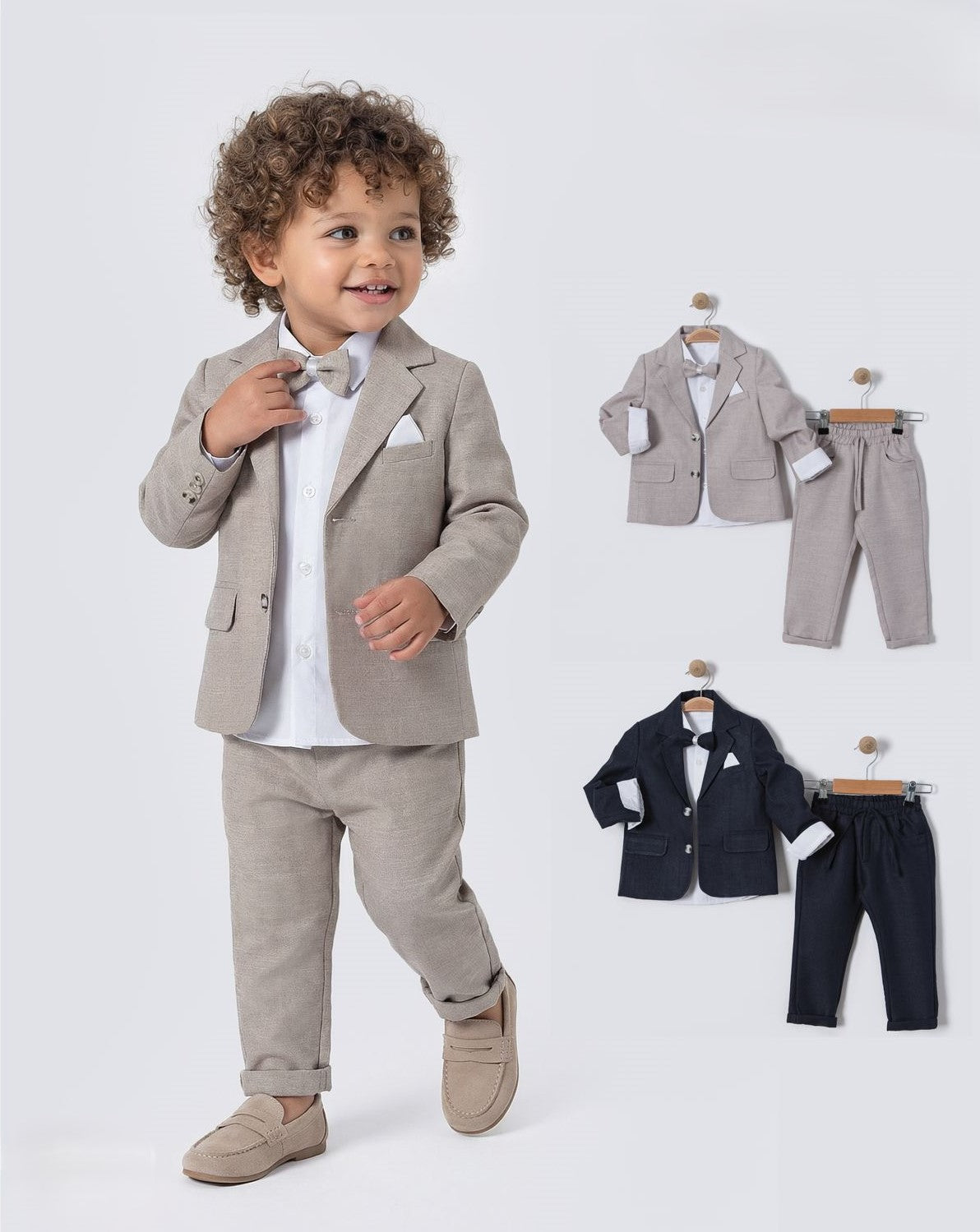 Ensemble veste et pantalon enfant beige clair/gris, poches et fermeture boutonnée