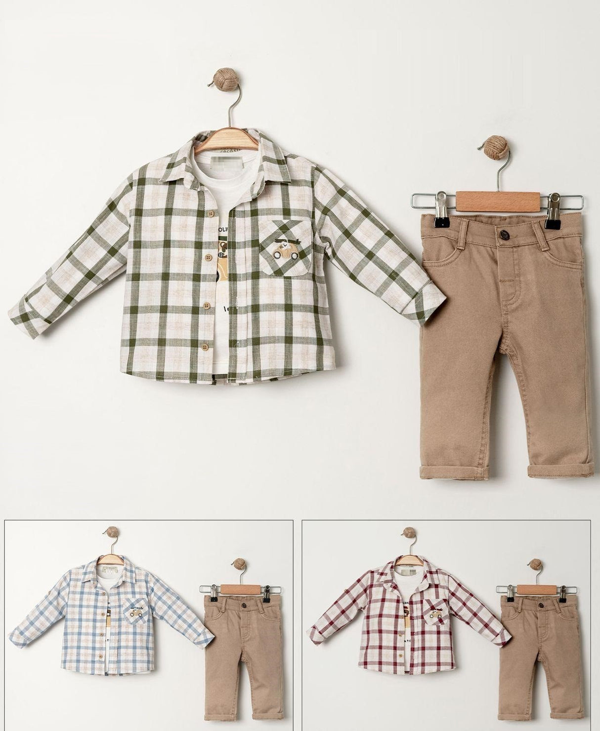 Ensemble bébé à carreaux vert et blanc, pantalon beige