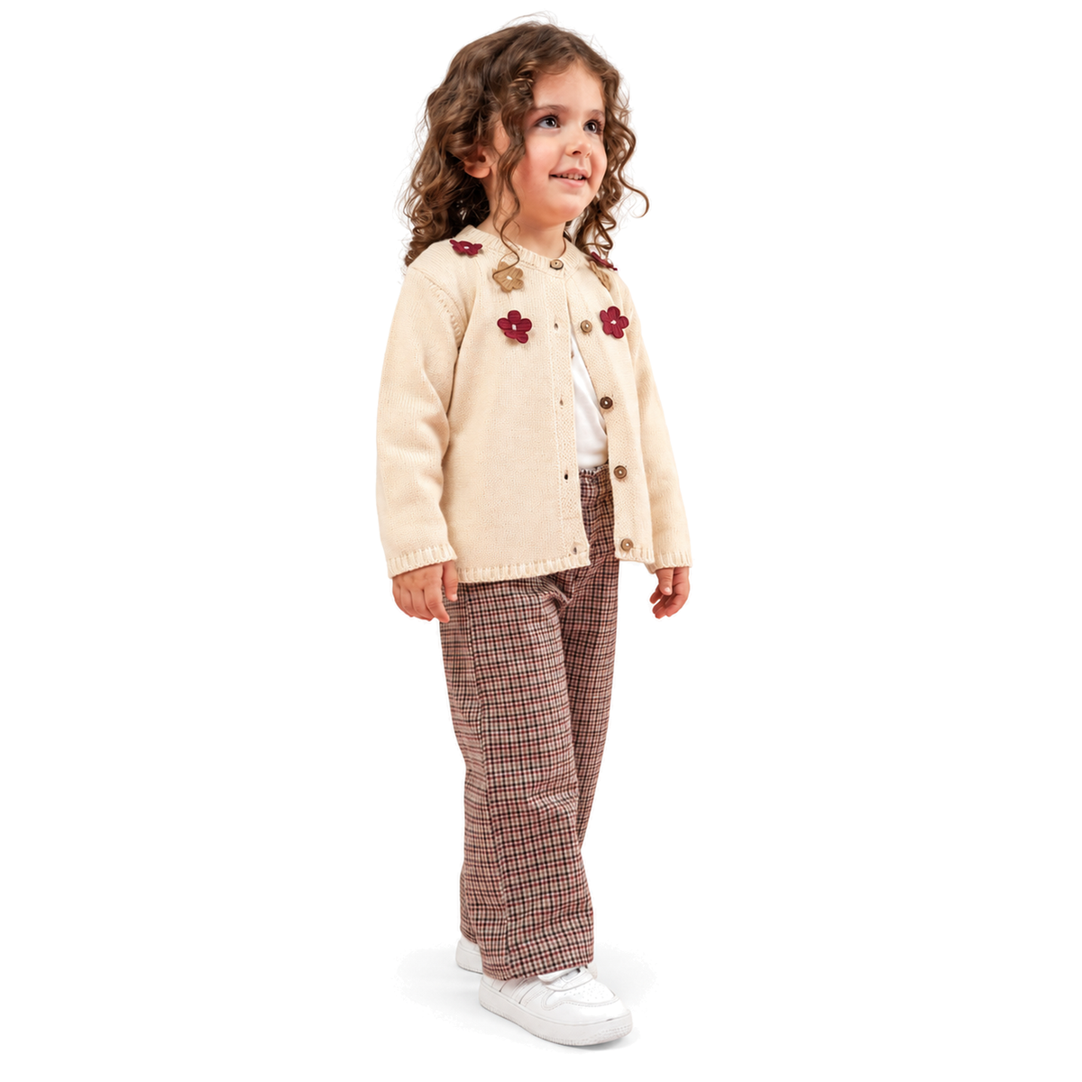 Veste enfant beige avec appliqués fleurs bordeaux et pantalon à carreaux