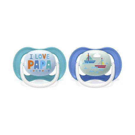 Lot de 2 sucettes orthodontiques Ultra Air Happy : embouts aqua et bleu, motifs