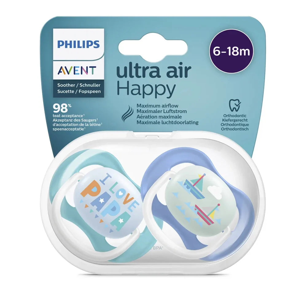 Boîte de 2 sucettes orthodontiques Ultra Air Happy 6-18 mois, embouts aqua et bleu