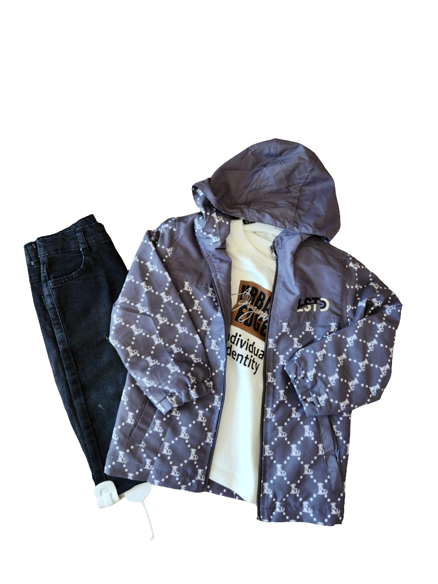 Ensemble enfant : veste à capuche bleu-gris à motifs clairs et jean foncé
