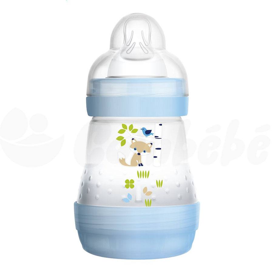 Biberon anti-colique bleu avec tétine transparente et motifs animaliers, 160 ml