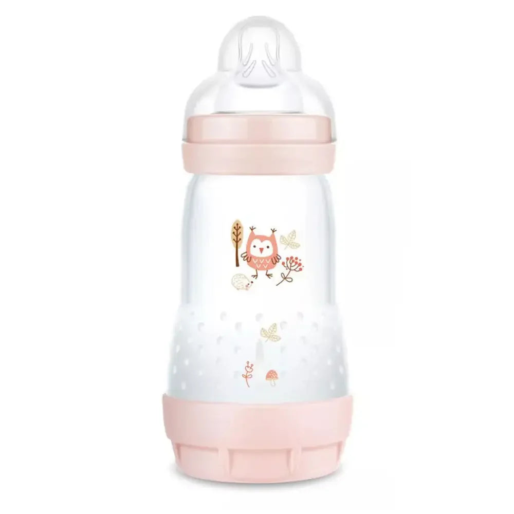 Biberon MAM anticolic rose 260 ml, hibou et petits animaux, tétine silicone