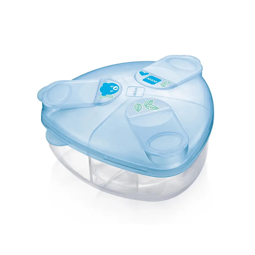 Boîte doseuse MAM en plastique bleu et transparent avec couvercle