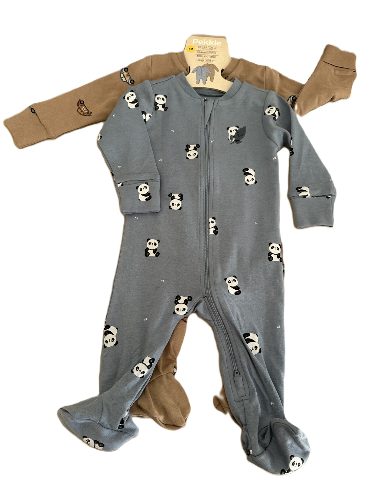 Combinaison bébé zippée bleu gris motif pandas, pieds et manches longues