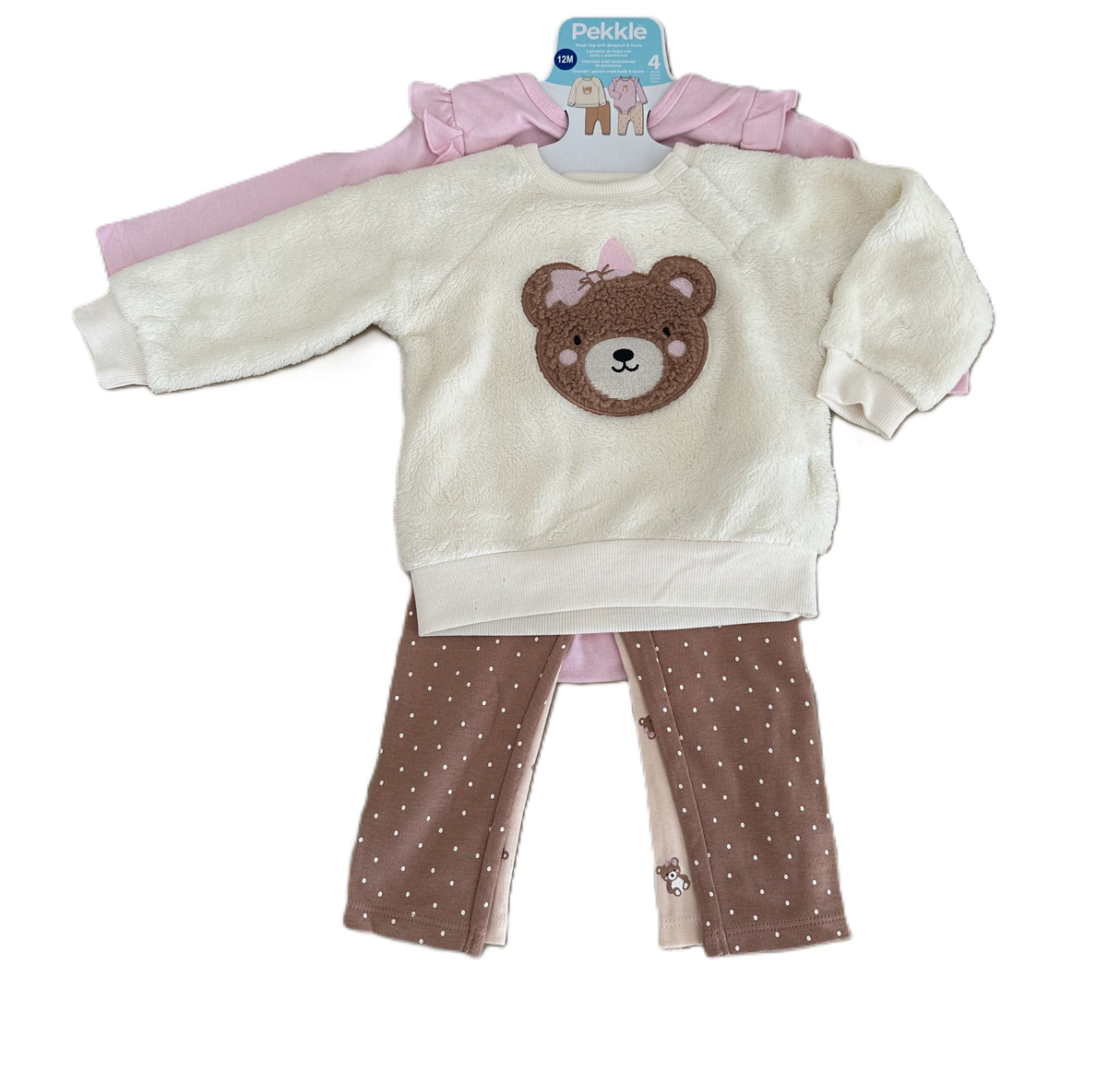 Ensemble bébé ourson: sweat écru duveteux à motif ourson, pantalon brun à pois.