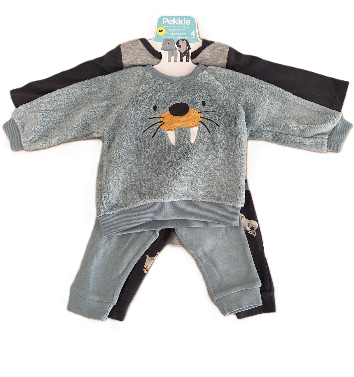 Ensemble bébé : pull gris bleu à motif morse, manches raglan noires, bas sombre